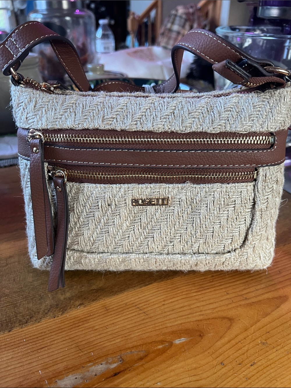 Rosetti Cream Woven Crossbody with Brown Trim